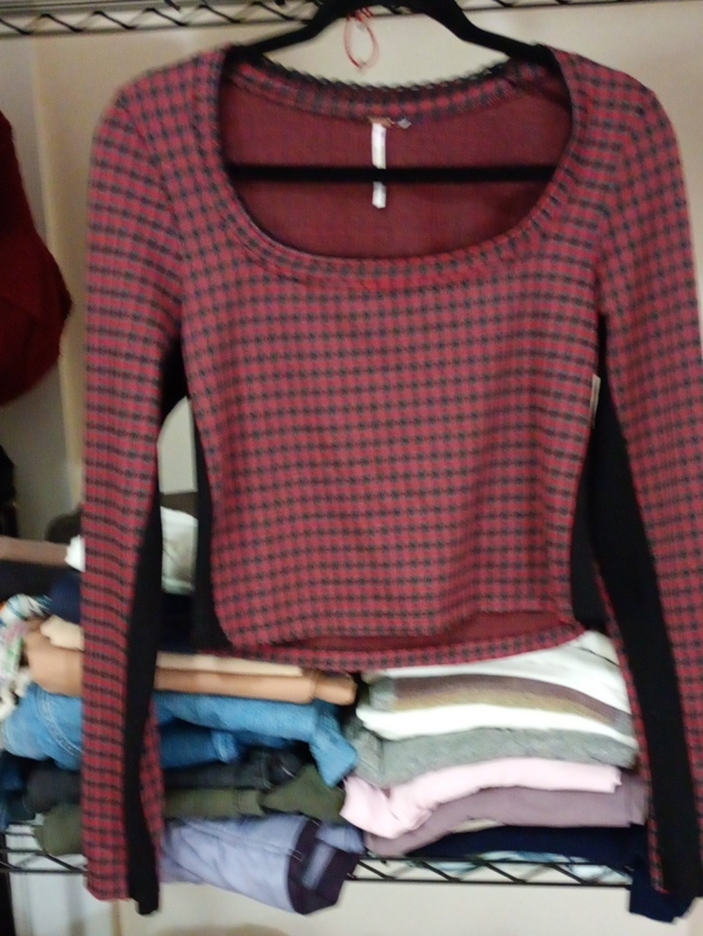 Free People Red and Black Houndstooth Scoop Neck Top L
